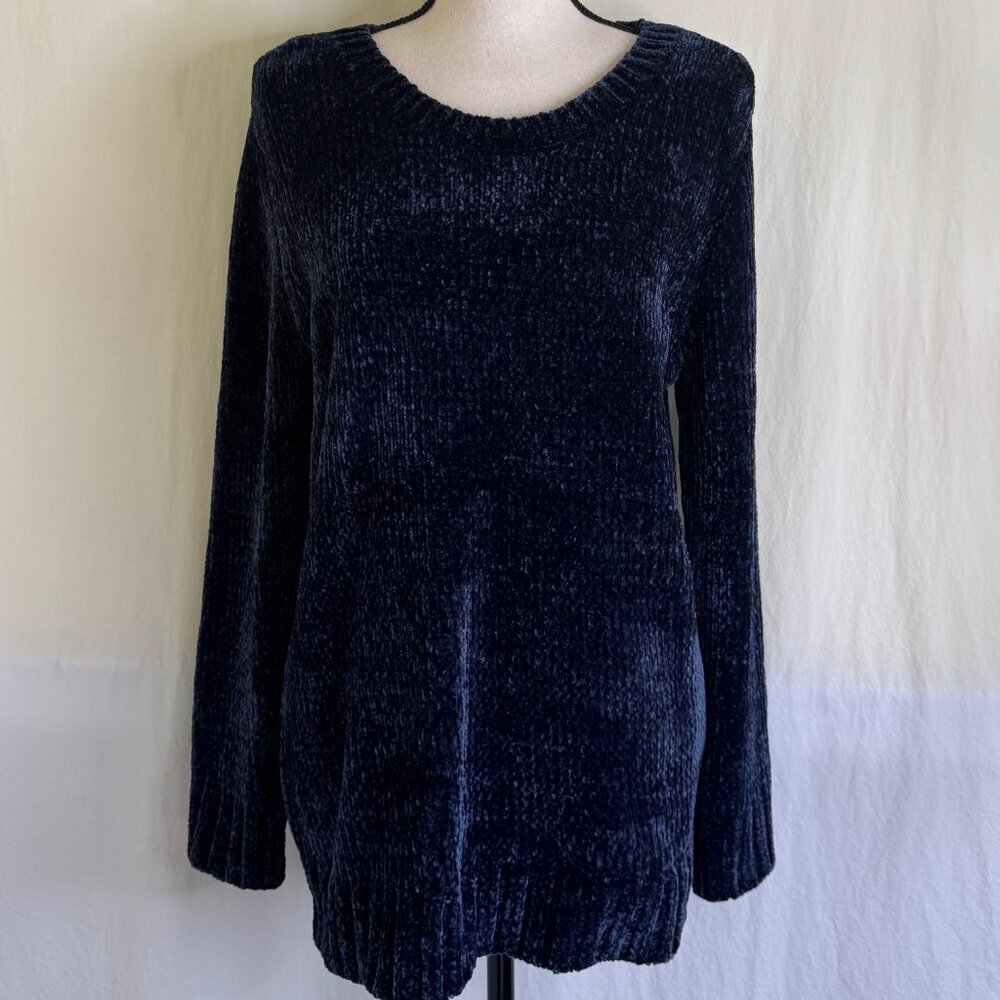Orvis Sweater Women's Size L Navy Blue Chenille Crew Neck Pullover Long Sleeve